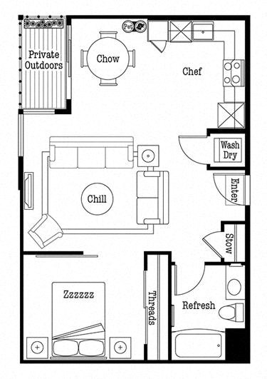 Floor plan for 1 bed, 1 bath, 685 sqft